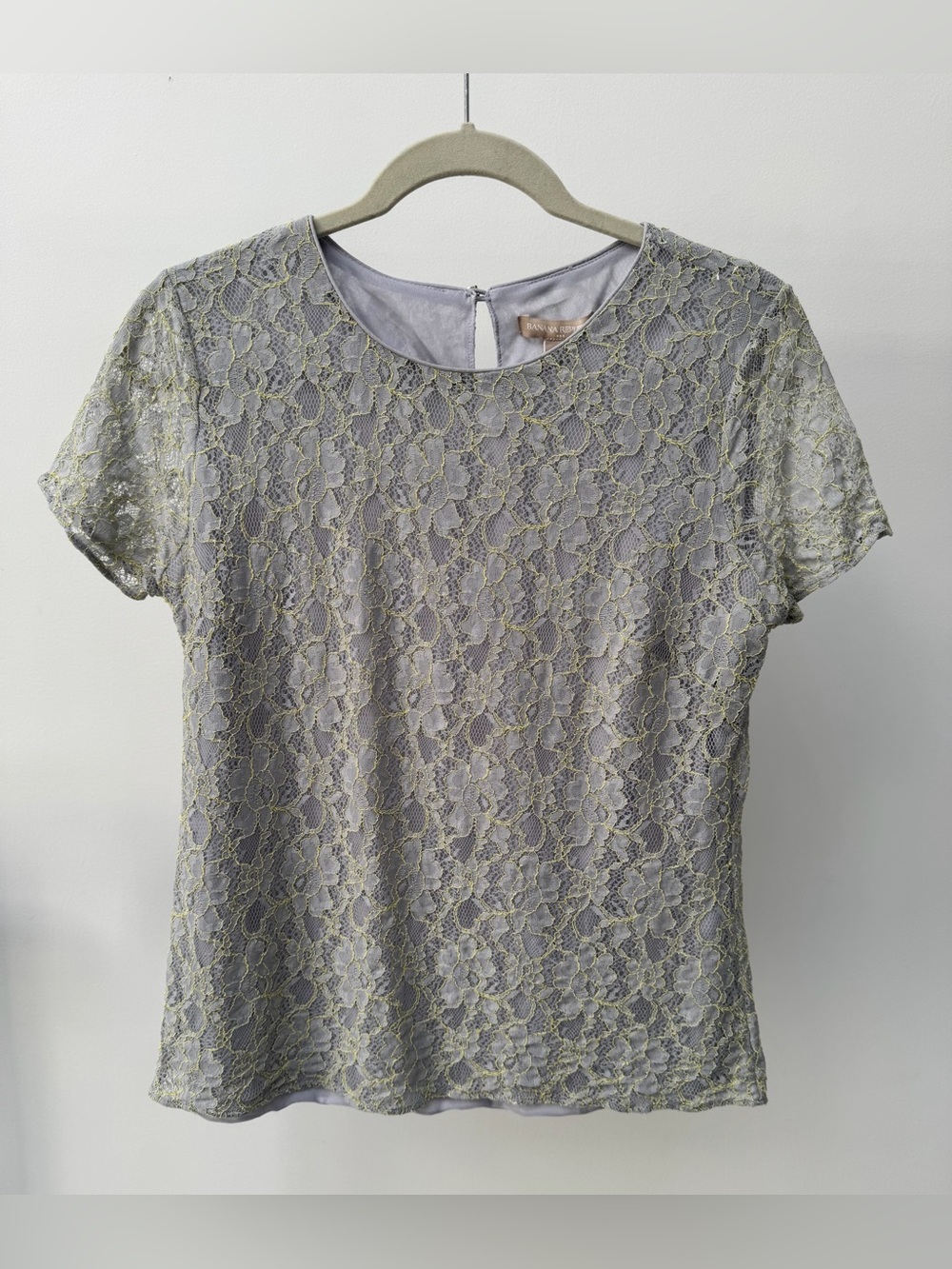 Banana Republic Elegant Gray & Yellow Floral Lace Overlay Top, Size M